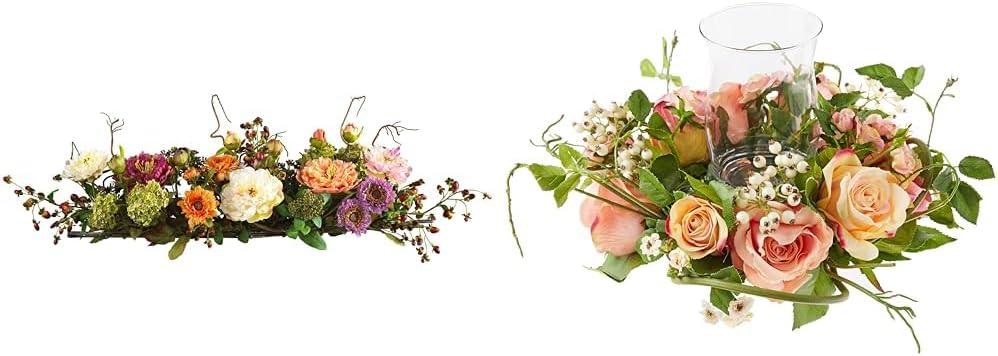 Nearly Natural 4665 Mixed Mini Peony Centerpiece Silk Flower Arrangement,10" D x 34" W x 6.5" H & Rose Candelabrum Silk Flower Arrangement