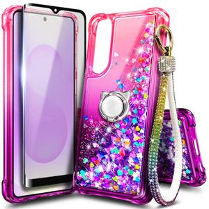 WDHD Compatible with Samsung Galaxy S25-Edge Case Pink/Purple | Glitter Floating Liquid Cute Phone Cover with Tempered Glass Screen Protector & Ring Holder Grip & Diamond Wrist Strap Lanyard
