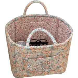 Boho Fabric Storage Basket Quilted Floral Print Baskets Organizer Bin with Handles for Home, Picnic, Shopping (Blue, L)