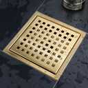 4 Inch Square Shower Floor Drain, Stainless Steel Black Shower Drain Kit with Flange, Floor Drain with Removable Grid Cover,Brushed Gold