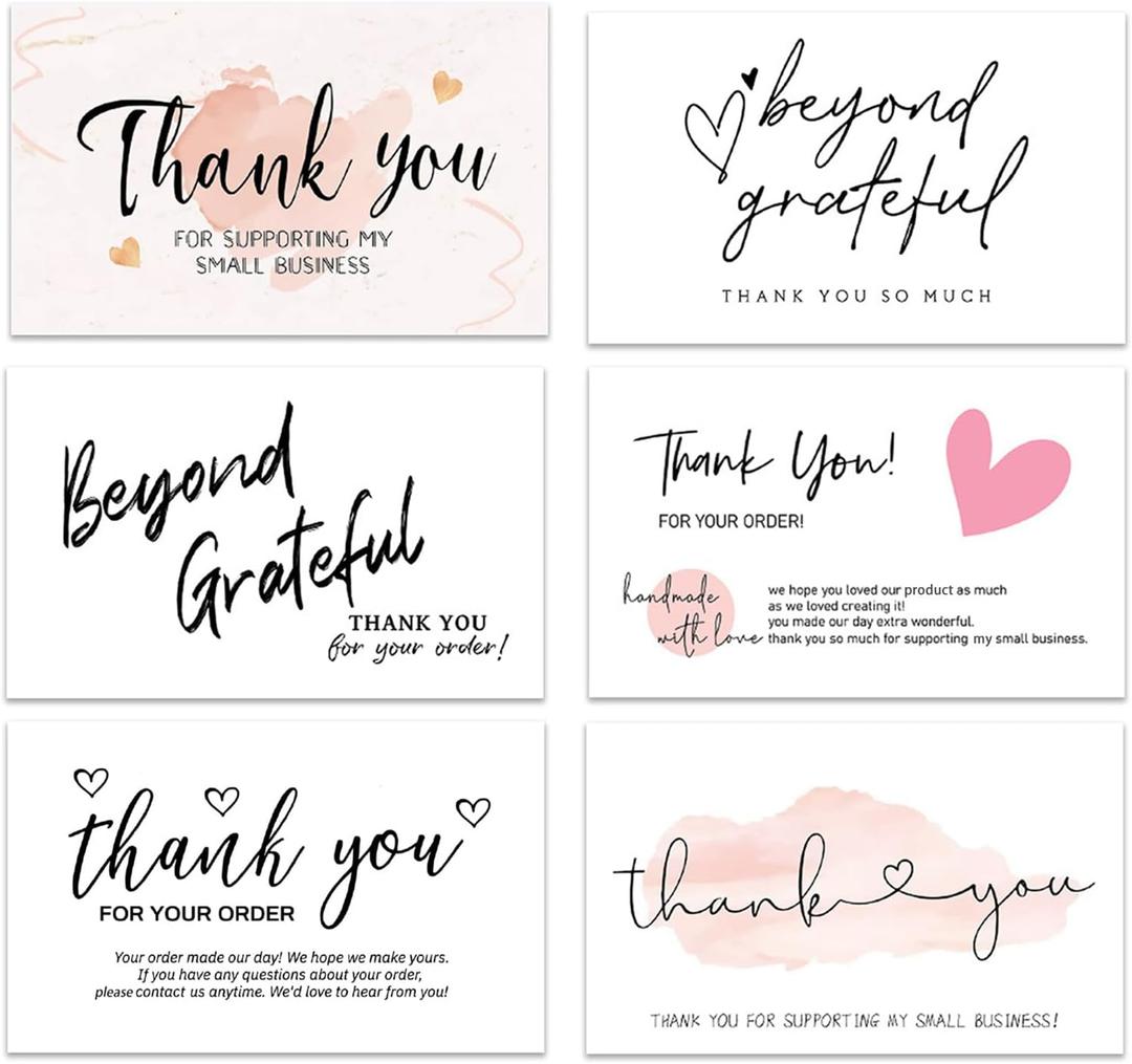 300PCS Thank You For Supporting My Business Cards, 6 Styles-2" x 3.5" Small Customer Appreciation Card for Shop, Online Retailers, Business Supplies and Local Stores (White)