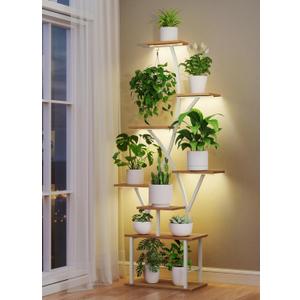 Plant Stand Indoor with Grow Lights - 64" Tall Plant Shelf Lighted Corner Plant Stands for Indoor Growing Multiple Metal 8 Tiered Large S-Shape Flower Holder Plant Rack for Home Decor Patio White