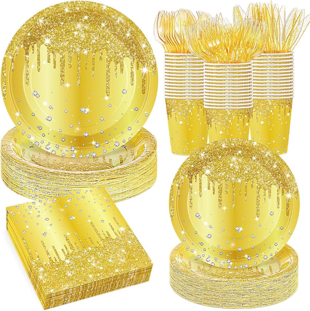 400 Pcs Gold Birthday Party Decorations Golden Glitter Paper Plates Disposable Diamonds Napkins and Cups for Women Birthday Anniversary Wedding Party Decorations Supplies