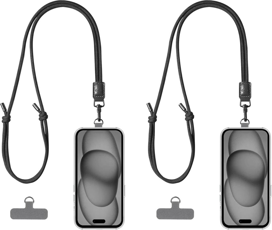 2 x 2 Pack Crossbody & Neck Phone Strap, Customizable Neck Strap with 0.5mm Removable Phone Tab, Hands-Free Holder for Phones, Earphones, Badges & Keys (Black+Black)