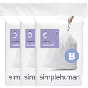 simplehuman Code B 90 Count, Dispenser Pack Custom Fit Liners, Drawstring Trash Bags, 6 Liter / 1.6 Gallon, White