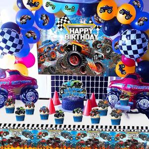 Roaring Good Time Monster Trucks Birthday Decoration: Pennants, Cake Inserts, Balloons, Backdrop & Tablecloth in Black, Red, Yellow