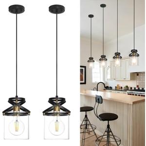 Black Kitchen Pendant Lighting over Island, Modern Glass Pendant Lighting, Hanging Lights for Living Room Set of 2, Pendant Lights Kitchen Island 2 Pack, Pendant Lamp for Dining Room, Hallway, Sink (6.7in-Hardwired Cord)