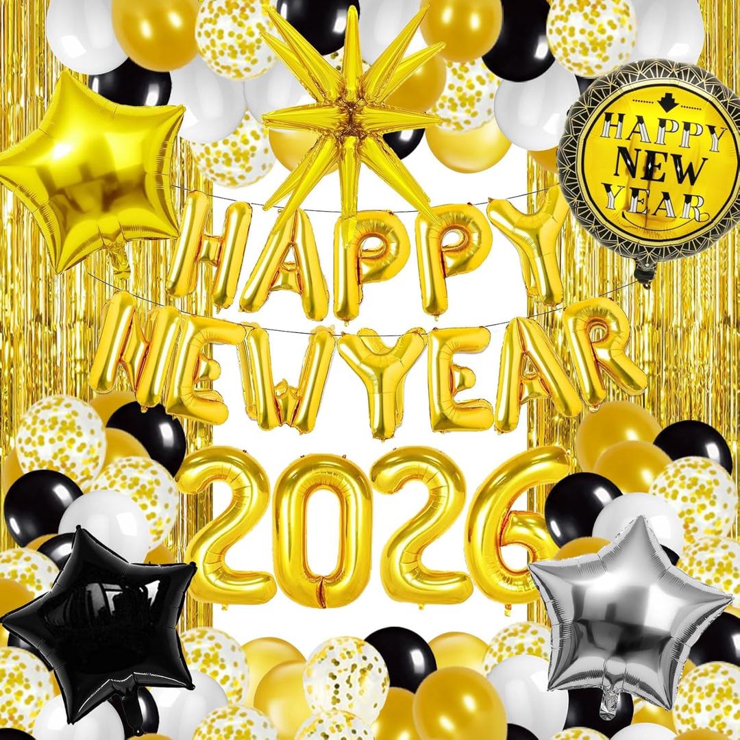 2026 New Years Decorations, New Years Eve Party Supplies 2026, NYE decorations with 2026 Foil Balloons, Gold Happy New Year Foil Balloons, Fringe Curtain for New Year Eve Party Decorations