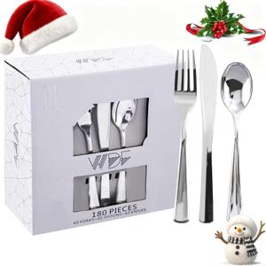 WDF 180 Pieces Silver Plastic Silverware - Silver Plastic Cutlery - Fancy Plastic Silverware Heavy Duty - 60 Forks 60 Knives 60 Spoons - Disposable Plastic Utensils Perfect for Party/ Wedding/ Christmas
