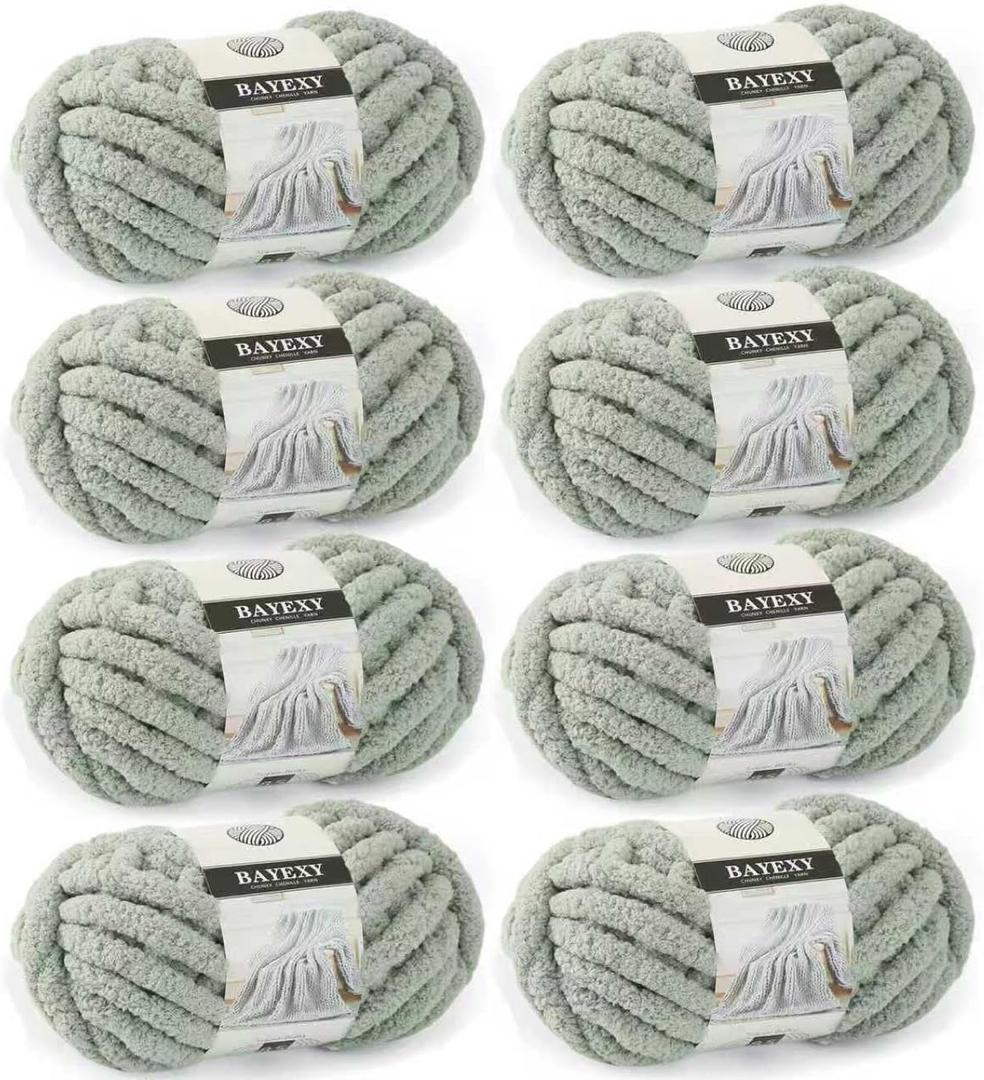 Chunky Chenille Yarn for Hand Knitting 8 Jumbo Pack Jumbo Chunky Yarn for Hand Soft Blanket Knitting, Bulky Thick Fluffy Yarn for Crocheting (Sage Green)