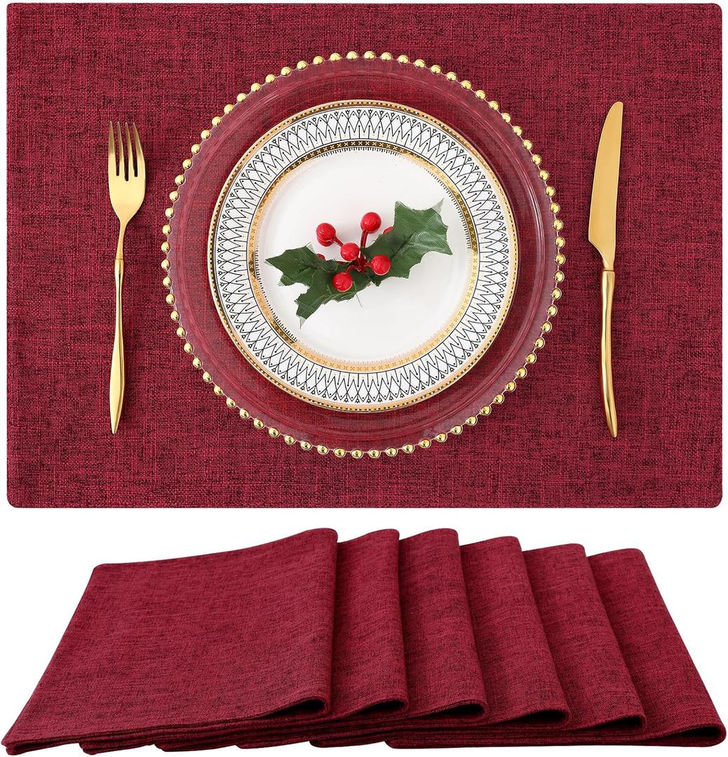homing Cotton Linen Placemats Set of 6, Cloth Washable Farmhouse Dining Table Mats for Indoors & Outdoors, Easy to Clean, Red, 13 x 19 Inch