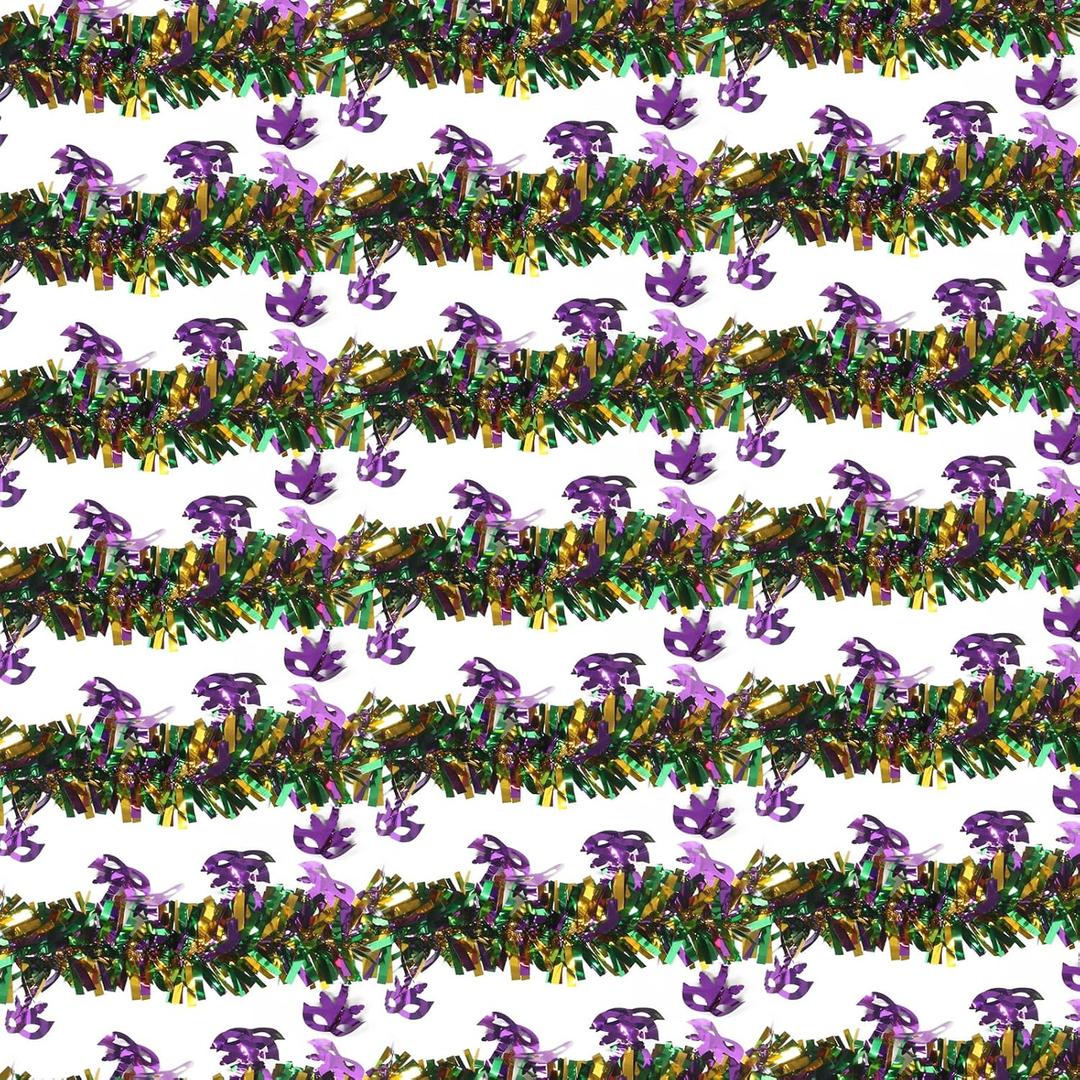 100 Feet Mardi Gras Tinsel Garland Gold Green Purple Garland Mardi Gras Christmas Tree Tinsel Garland Metallic Twisted Hanging Garland for Mardi Gras Oktoberfest Birthday Party Decoration, B