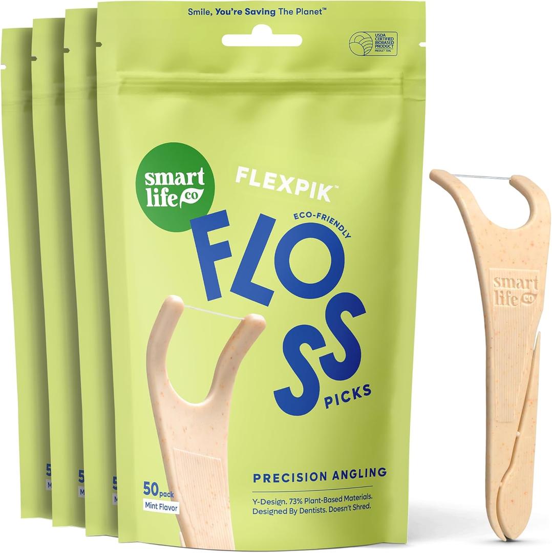 SmartLifeco Eco-Friendly Angled Dental Floss Picks (200ct) - Made with Straw Wheat Blend, Superior Anti-Shred Thread for Molars & Back Teeth, Tooth Pick Stick for Adults, Soft on Gums, Vegan, Mint