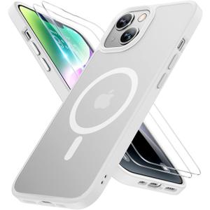 Miracase Magnetic for iPhone 14 Case 6.1 inch (Compatible with MagSafe)with 2X Screen Protectors Military-Grade Protection, Anti-Fingerprint Translucent Matte Phone Case Cover, White