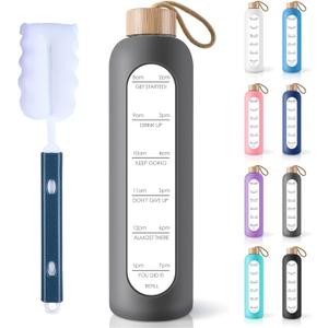 PROBTTL 32 Oz Borosilicate Glass Water Bottle with Time Marker Reminder Quotes, 1 Liter Leak Proof Reusable BPA Free Motivational Water Bottles with Silicone Sleeve and Bamboo Lid (Grey)