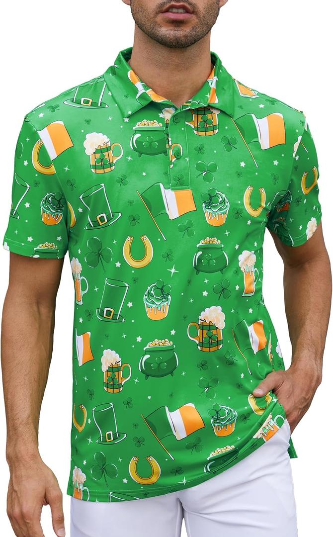 Mens Polo Shirts Short Sleeve Print Golf Shirts Gifts for Men (Large, Green Wine Glass/Flag)