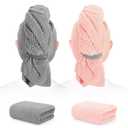 BEoffer 2 Pack Microfiber Hair Towel - 41 x 24 inches Super Soft, Absorbent, Fast Drying Without Frizz Hair Towel Wrap for Women Long, Thick, Curly Hair - Hair Turbans with Elastic Strap (Gray Pink)