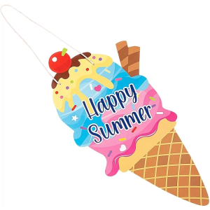 Colorful Foam "Happy Summer" Ice Cream Door Sign with Satin Cording - (8.5" x 16.5") 1 Pc - Ideal for Summer Decor, Birthdays & Events