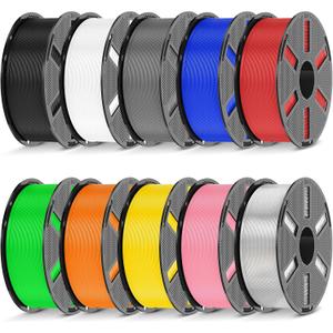 JAYO PETG 3D Printer Filament Bundle 1.75mm, 1.1kg, 10-Pack 11kg Total, Strong Impact Resistance, Black, White, Gray, Blue, Red, Green, Orange, Yellow, Pink & Transparent