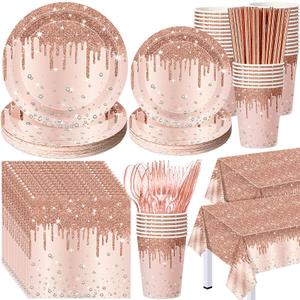Funnymoom 452 Pcs Rose Gold Party Supplies Birthday Decorations Include Glitter Rose Gold Paper Plates and Napkins Cups Tablecloth Cutlery Straws Disposable Tableware Set for Women Birthday
