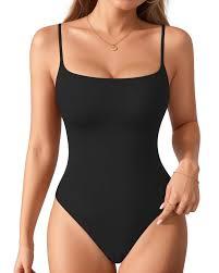 MANGOPOP Women's Cami Thong Bodysuit Double Lined Square Neck Backless Body Suit Adjustable Spaghetti Strap Tank Tops, Large