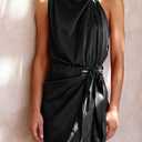 PRETTYGARDEN Women's Short Formal Satin Dress Summer Sleeveless Mock Neck Tie Waist Cocktail Party Dresses (Black, S)