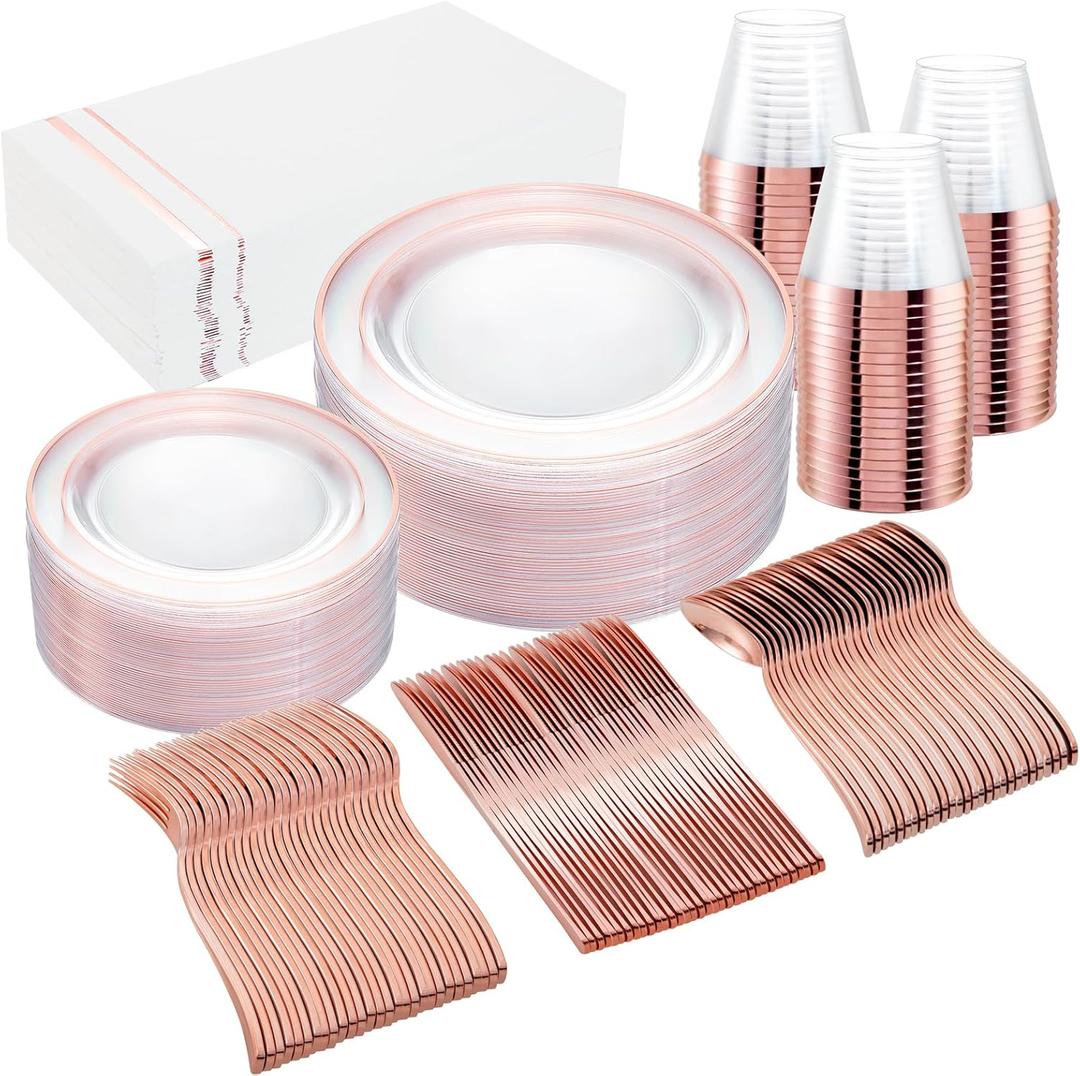 GATHER 350PCS Rose Gold Plastic Plates - Disposable Rose Gold Dinnerware Includes 100 Clear Rose Golds Rimmed Plastic Plates, 150 Silverware, 50 Napkins, 50 Cups for Party, Wedding, Mother's Day