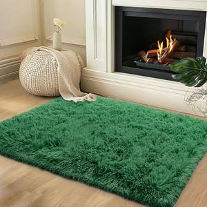 Small Rugs for Bedroom, 2x3 Fluffy Rug, Soft Fuzzy Area Rug for Living Room Dorm, Non-Slip Shag Rugs for Girls Boys, Soft Kids Carpet, Modern Home Decor Aesthetic, Dark Green (2x3 Feet)