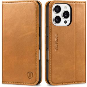 SHIELDON Wallet Case for iPhone 16 Pro 6.3" 2024, Genuine Leather Foldable Magnetic Closure Kickstand RFID Blocking Card Slots Shock-Absorbent Cover Compatible with iPhone 16 Pro 5G - Oily Brown