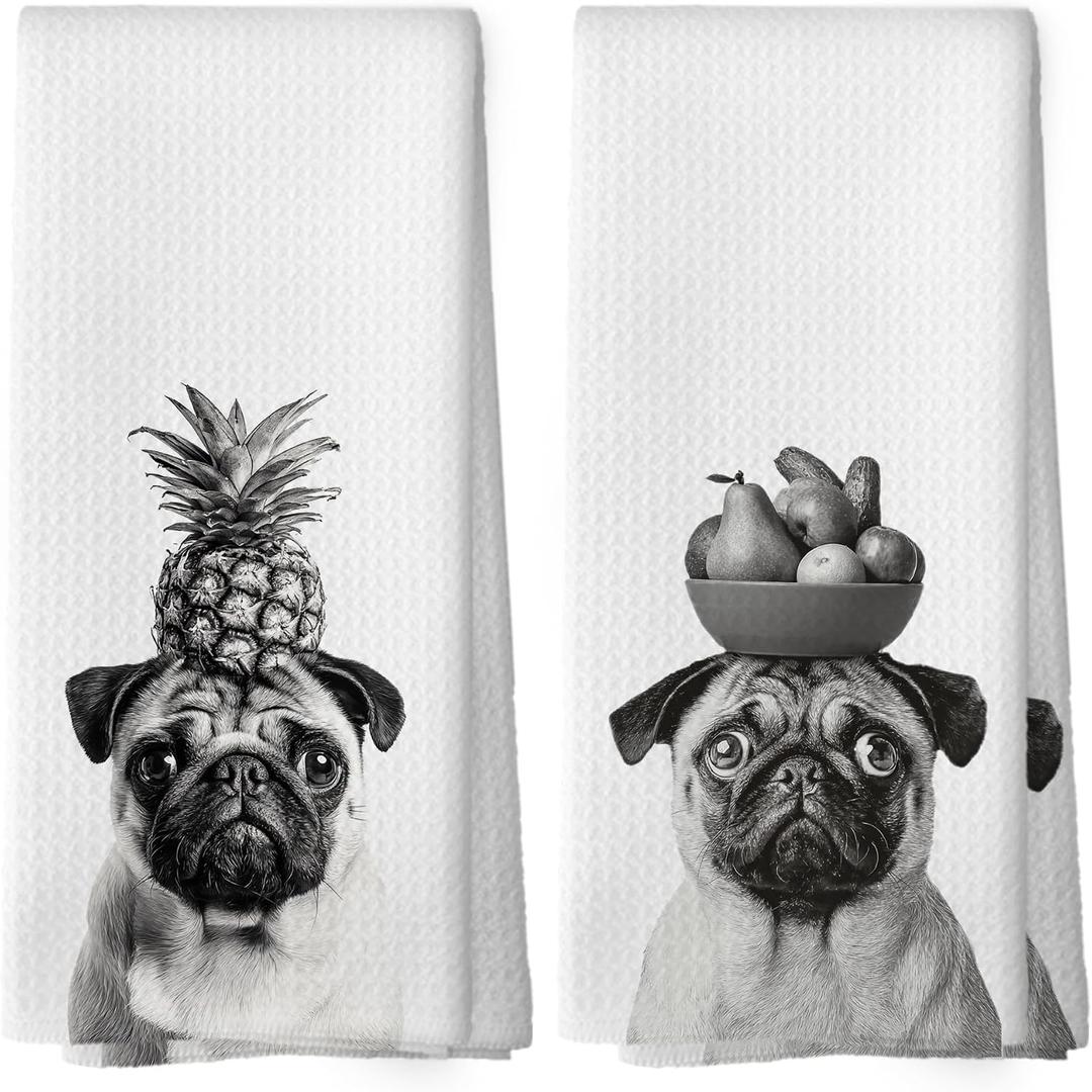 Funny Pug Dog Kitchen Towels Set of 2, Funny Dog Kitchen Decor, Dogs Gifts for Women Men Hand Towel, Black and White Pet Owner Gift Decorative Tea Towels Dish Towel 16x24 Inch