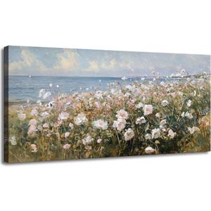 Beach Flowers Large Canvas Wall Art, 3d Textured Landscape Wildflowers Painting, Coastal Floral Artwork, Meadow with Flowers Picture Print for Bedroom Living Room Office Farmhouse Decor, 20"x40"