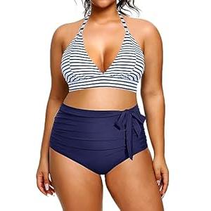 Daci Women Plus Size Two Piece Bikini Halter Swimsuits High Waisted SwimwearTummy Control Bathing Suits Blue Stripe 20w Daci Women Plus Size Two Piece Bikini Halter Swimsuits High Waisted SwimwearTummy Control Bathing Suits Blue Stripe 20w