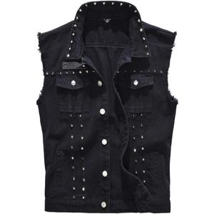 Cekaso Men's Denim Vest Punk Sleeveless Jean Jacket Rocker Studded Vests (Large, Black)