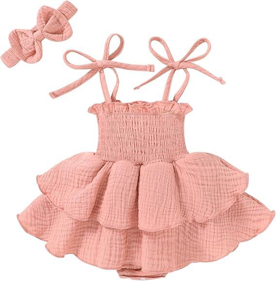 YOUNGER TREE Baby Girl Clothes Infant Summer Romper Dress Sleeveless Bodysuit Jumpsuit with Headband Toddler Outfits 12-18 Months, Gray Pink
