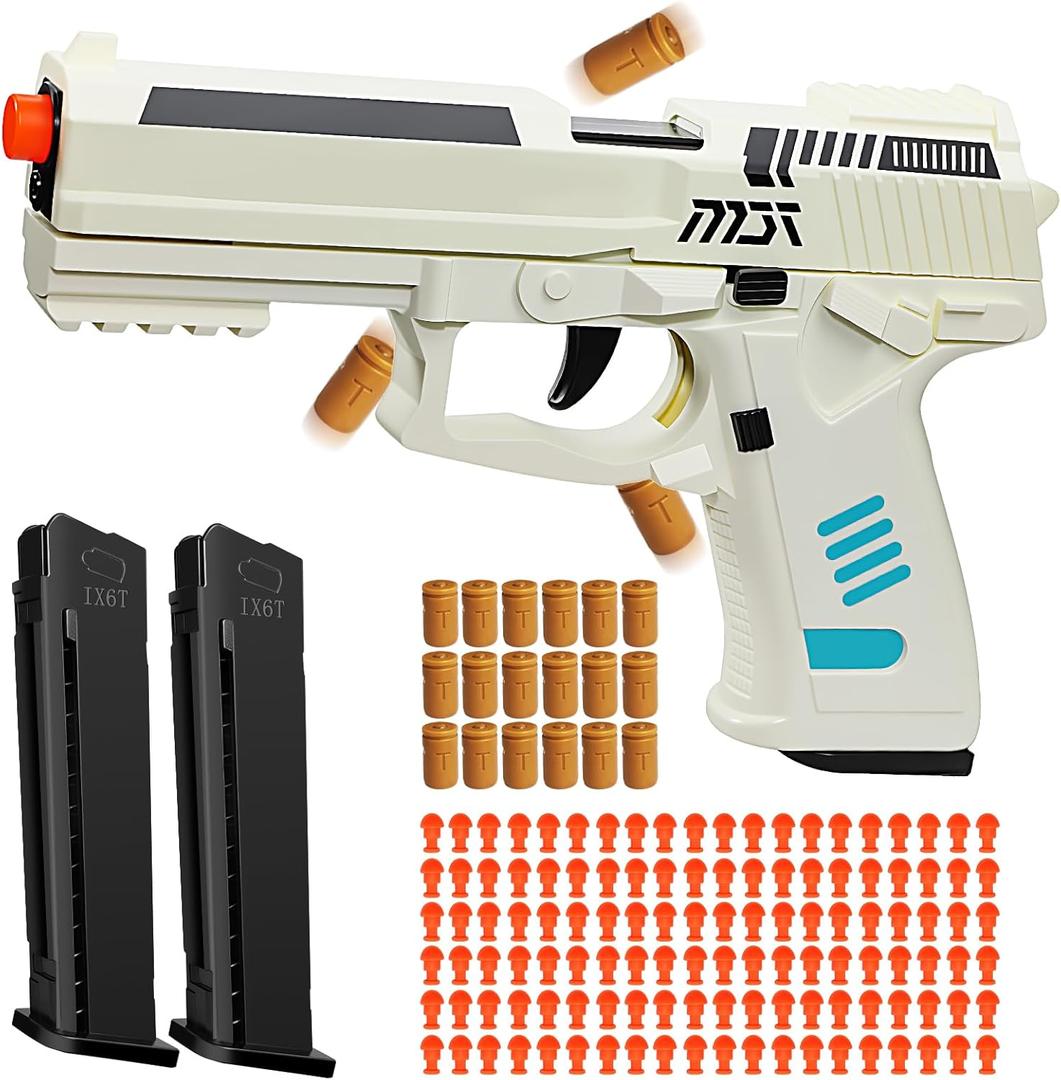 Automatic Shell Ejecting Toy Gun for Age 13+ Years, Fidget & Shooting Game, Realistic Toy Pistol with 120 Soft Bullets, 18 Shells & 2 Magazines, Ideal Gift for Halloween Christmas(White)