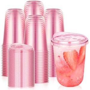 tchrules 100 Set 16oz Pink Plastic Cups with Sip Lids, Disposable Round Bottom Iced Coffee Cup with Lid Pink Clear To Go Drinking Cup Bulk for Cold Drinks Slushie Valentine Bachelorette Party Supplies