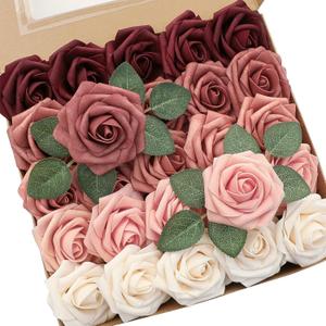 Floroom Artificial Flowers 25pcs Real Looking Burgundy Ombre Colors Foam Fake Roses with Stems for DIY Red Wedding Bouquets Bridal Shower Centerpieces Floral Arrangements Party Tables Home Decorations (25pcs Regular 3", Shades of Burgundy)