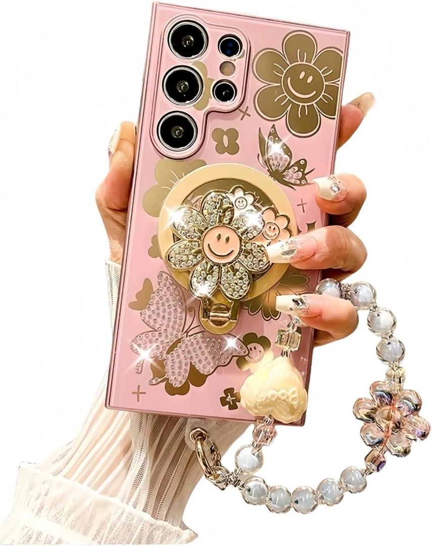 For Samsung Galaxy S24 Ultra Case for Women Girls for Magsafe,S24 Ultra Case Cute Bling Diamond Sunflower Kickstand,Glitter Girly Bead Phone Strap Phone Case for Samsung S24 Ultra Pink