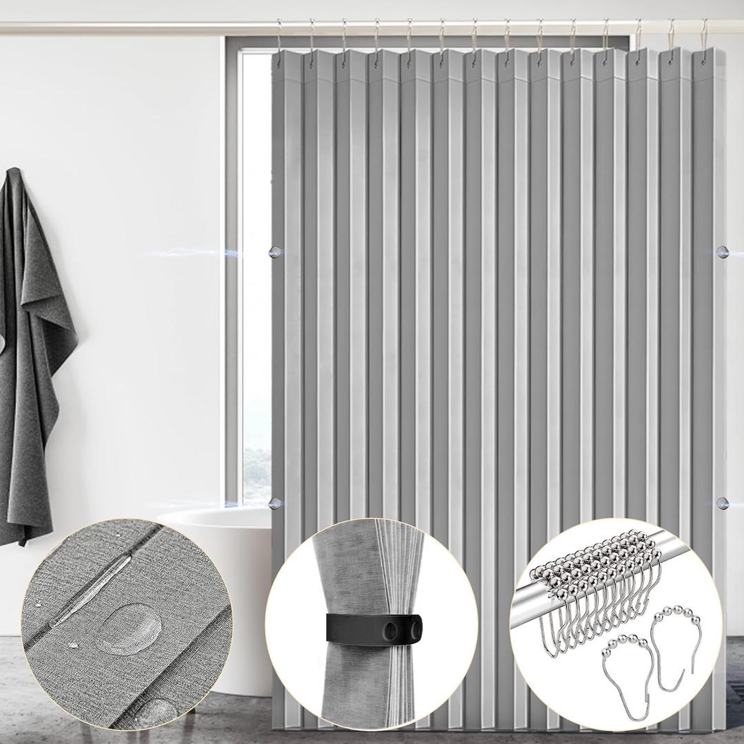South to East Waterproof Shower Curtain, Heavy Duty Magnetic Folding Linen Shower Curtain, Non-Toxic, 72x72 Magnetic Fabric Bathroom Curtain Sets, Grey