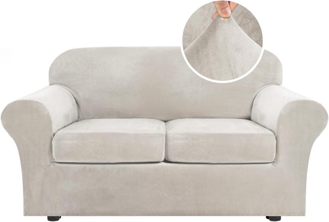 H.VERSAILTEX Real Velvet Plush 3 Piece Stretch Sofa Covers Couch Covers for 2 Cushion Couch Loveseat Covers Width Up to 72 Inch Thick Stay in Place (Medium Sofa, Oatmeal)