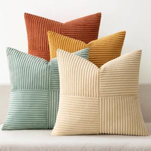 MIULEE Teal Orange Decorative Throw Pillow Covers 18x18 Inch Set of 4 Boho Corduroy Striped Cushion Cases Modern Farmhouse Patchwork Pillow Cases for Couch Sofa Bedroom Fall Home Decor