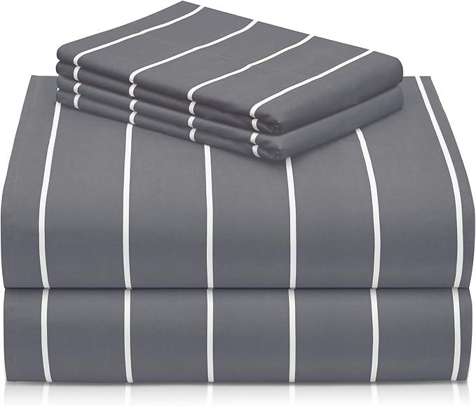 LuxClub 4 PC King Size Sheet Set, Breathable Luxury Bed Sheets, Deep Pockets 18" Wrinkle Free Cooling Machine Washable Hotel Bedding (Striped Light Grey)