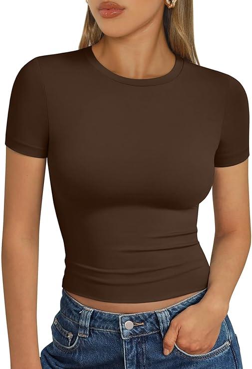 Trendy Queen Womens Short Sleeve T Shirts - Buttery Soft Summer Crop Tops Slim Fit Y2k Basic Tees for Workout, Size M