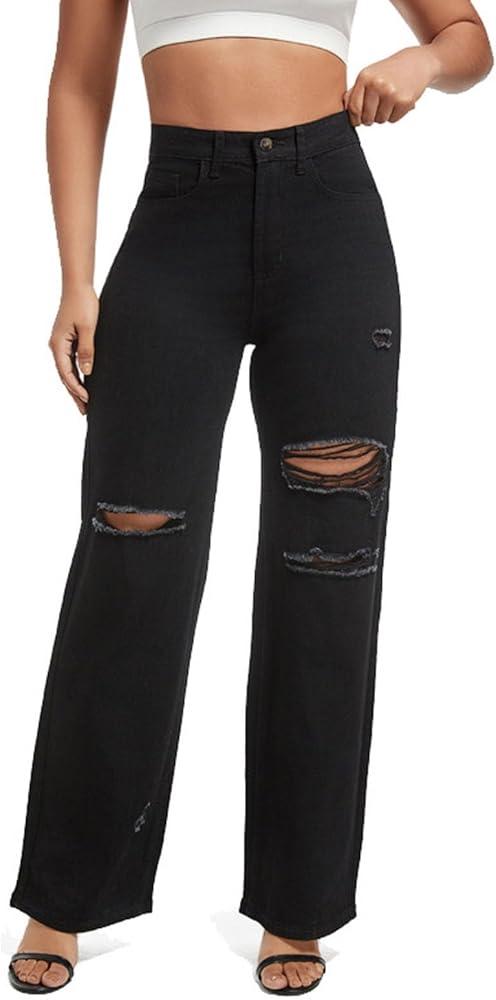 Aodrusa Ripped Wide Leg Jeans for Women Mom Baggy Straight Leg Stretchy Boyfriend Trendy Trouser Denim Pants, S