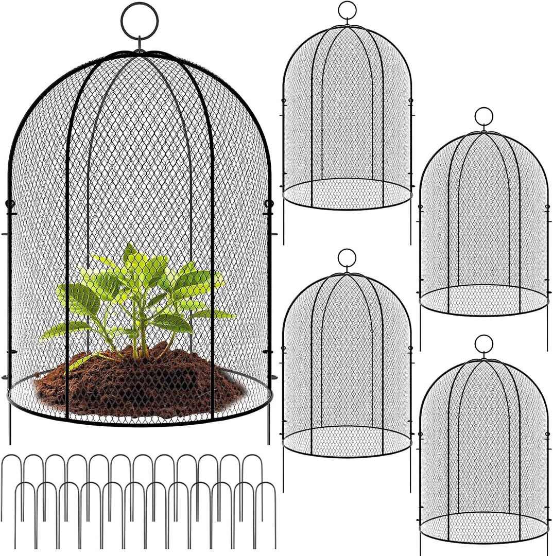 Novabright 4 Pack Garden Cloches for Plants 12" x 16" with Stakes & Zip Ties, Plant Covers from Animals Large Metal Mesh Chicken Wire Cloche Plant Protector Cage for Vegetable Garden Outdoor (Black)