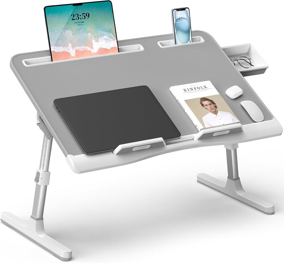 Laptop Bed Desk, X-Large Leather Adjustable Computer Bed Table Tray, Foldable Laptop Lap Desk for Bed Sofa Couch Floor Writing Eating Working with Drawer 2 Movable Stoppers (23.6 inch, Grey)