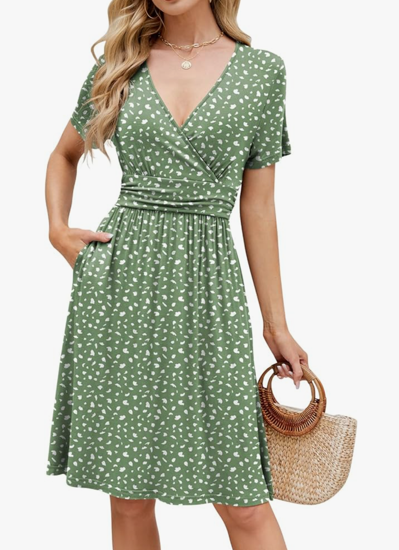 Naggoo Women's Summer Wrap V Neck Polka Dot Print Ruffle Short Sleeve Mini Floral Dress with Belt 2 XL, Green