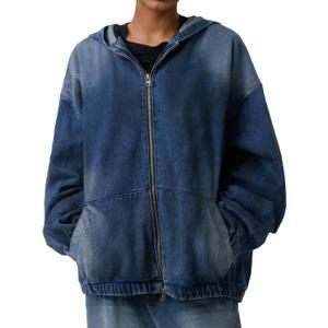 Women's Zip Up Denim Hoodie Sweatshirt Jean Jacket Coats with Pockets (Blue, M)