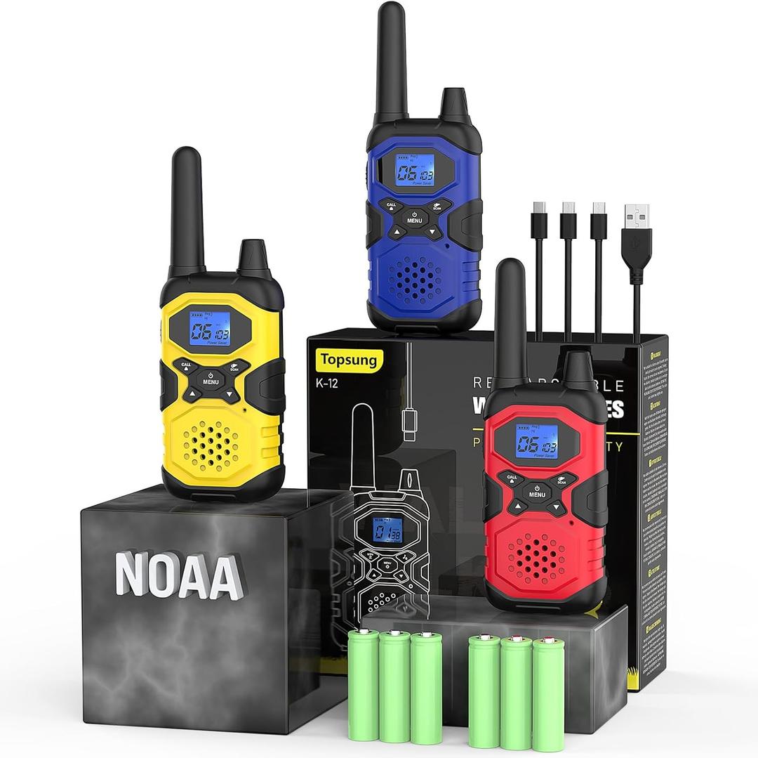 Walkie Talkies for Adults Rechargeable Walkie-Talkie Long Range 3 Pack, Multi-purpose NOAA 2 Way Radios with 4500mAh Battery USB Lanyards for Family Office School Camping Hiking Skiing Cruises (Blue Yellow Red)