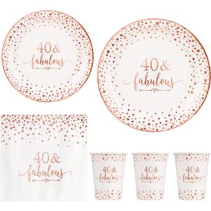 Crisky Rose Gold Foil 40 Fabulous Napkins Cups Set for Women's 40th Birthday Party Decorations, Disposable Tableware Set of 24 (9" Plates, 7" Plates, Luncheon Napkins, 9oz Cups)